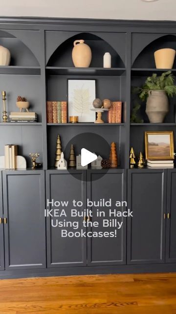 IKEA Hacks & Ideas | Home Inspiration | Houseware & more on Instagram: "⚒️💪🏻 Built-in with IKEA BILLY 📚  @theedgewoodhome shows us her built-in look with IKEA BILLY Bookcases. She attached also arches on the top for even a more steady look before painting everything.   How do you like it?   For more IKEA hacks hope over to her page and follow @theedgewoodhome   #ikeahack #ikeahacksdiy #billybookcase #billybookcasehack #billyhack #ikeabilly #ikeabillybookcase #builtins #builtinshelves #builtinbookshelves 📚⚒️💪🏻" Ikea Shelves Library, Ikea Entertainment Unit Hack Billy, Ikea Billy Bookshelf Hack, Bookcase Hacks Ikea, Arched Ikea Bookcase, Ikea Tv Unit Hack Billy Bookcases, Build In Ikea Bookcase, Ikea Billy Bookcase Tv Unit, Make Ikea Look Built In