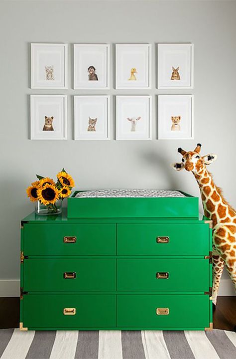 Small Nursery Decor, Green Nursery Boy, Green Baby Room, Campaign Dresser, Contemporary Nursery, Grey Wall Color, Small Nursery, Green Dresser, Changing Tables