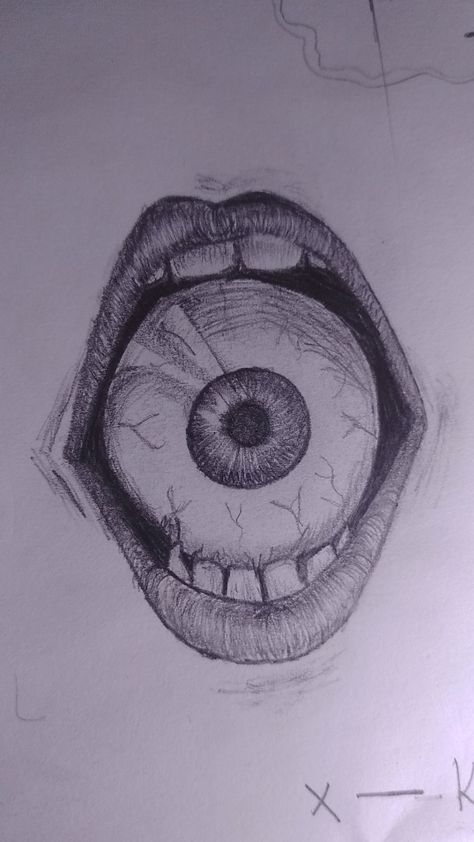 Creepy drawing Mouth Drawing Yelling, Creepy Lips Drawing, Mouth Biting Something Drawing, Mouth Full Of Food Drawing, One Eyed Monster Drawing, Eye Out Of Socket, Creepy Mouth Drawing Reference, Eye In Mouth Drawing, Halloween Eye Drawing