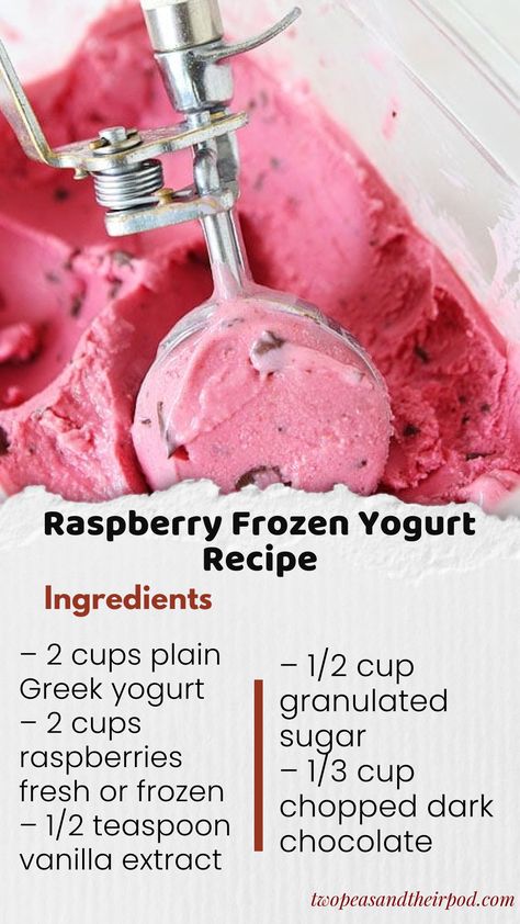 Easy frozen yogurt recipe made with Greek yogurt, raspberries, vanilla, sugar, and dark chocolate. Pinkberry Frozen Yogurt Recipe, Ninja Creami Frozen Yogurt Recipe, Raspberry Frozen Yogurt, Yogurt Raspberries, Banana Frozen Yogurt, Easy Frozen Yogurt, Kitchenaid Recipes, Chocolate Frozen Yogurt, Ninja Creamy