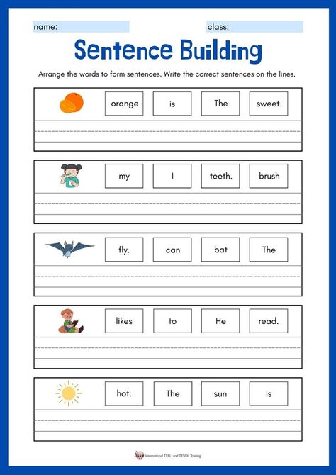 Make Sentences Worksheet 1st Grades, Teaching Sentence Writing, Teaching Sentences, Sentence Building Worksheets, Writing Sentences Worksheets, Sentence Writing Activities, Making Sentences, Teach English Online, First Grade Reading Comprehension