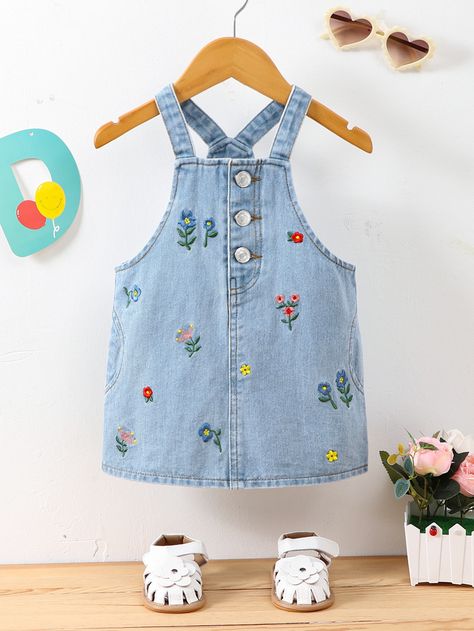 Baby Floral Embroidery Button Front Denim Dress Denim Baby, Sewing Kids Clothes, Baby Clothes Patterns, Denim Wear, Trendy Fashion Tops, Kids Fashion Clothes