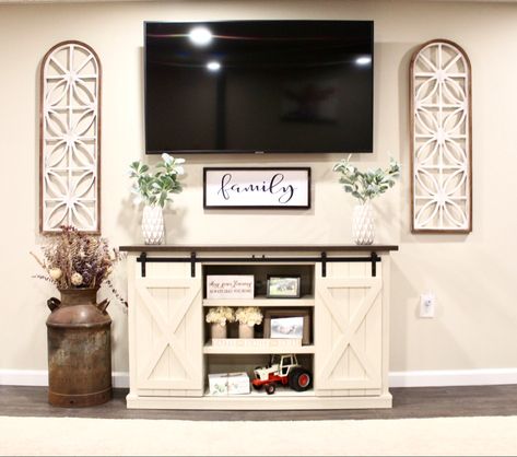 Decorating Under Mounted Tv, Tv Stand Styling Farmhouse, Entertainment Center Decor Farmhouse, Modern Farmhouse Entertainment Center Decor, Tv Stand Farmhouse Decor, Side Of Tv Wall Decor Farmhouse, Sides Of Tv Decor, Farmhouse Decor For Tv Stand, Modern Farmhouse Tv Stand Decor Ideas