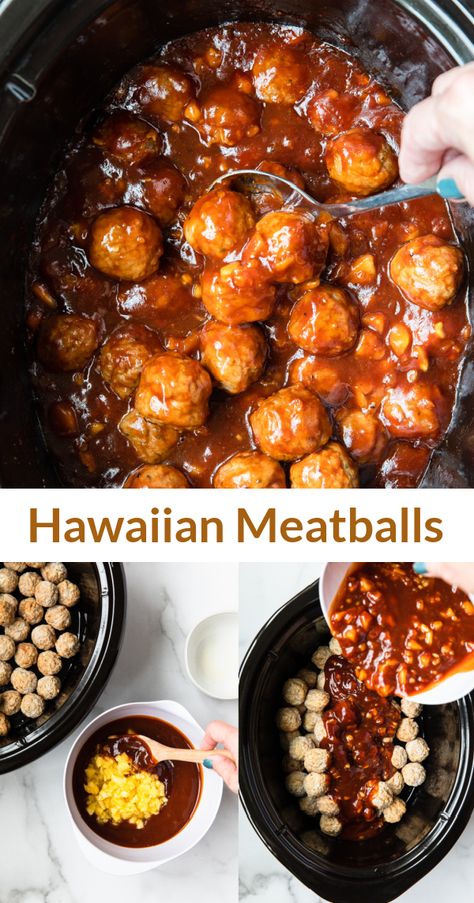 Slow Cooker Hawaiian Meatballs, Hawaiian Appetizers, Hawaiian Party Food, Pantry Cooking, Hawaiian Meatballs, Luau Party Food, Meatball Dishes, Luau Food, Bbq Meatballs