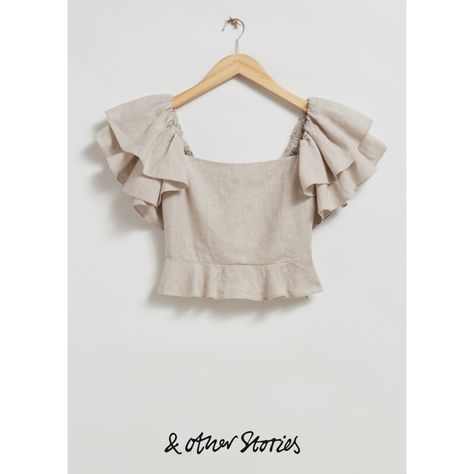 Frilled sleeve peplum top woven from soft linen. Designed with voluminous, short frilled sleeves with a square-cut neckline and a smocked back with a frilled peplum hemline. Length of top: 27cm / 10.6" (EU 36 / UK 8 / US 4) Frilled Sleeves, Wrap Shirt Dress, Tailored Clothes, Peplum Tops, Modest Dresses Casual, Beige Outfit, Frill Tops, Trendy Fashion Tops, Frill Sleeves