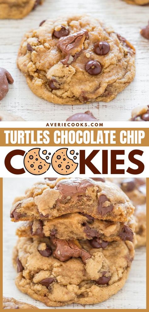 Don't miss out on these TURTLES® Candies Chocolate Chip Cookies! They will become one of your favorite holiday baking recipes. Not only are these bakery-style Christmas cookies soft and chewy, but they are also loaded with flavor and texture! Turtles Chocolate, Turtle Cookies Recipe, Cookies Soft And Chewy, Cookies Stuffed, The Best Chocolate Chip Cookies, Best Chocolate Chip Cookies, Turtle Cookies, Averie Cooks, Holiday Baking Recipes