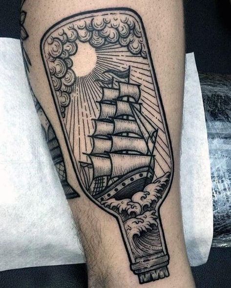 60 Ship In A Bottle Tattoo Designs For Men - Maritime Art Ideas Traditional Tattoos Ship, Ship In A Bottle Tattoo, ศิลปะ Sugar Skull, In A Bottle Tattoo, Hai Tattoo, Ship In A Bottle, Best Ship, Pirate Tattoo, Bottle Tattoo