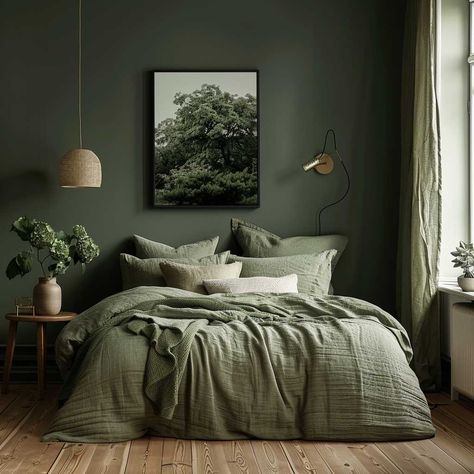 Dark Green Scandinavian Bedroom, Dark Green Bedroom Ceiling, Green Dark Wood Bedroom, Dark Green Themed Bedroom, Studio Green Bedroom, Green And Grey Room, Green Wood Bedroom, Dark Green And Grey Bedroom, Dark Scandinavian Bedroom