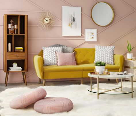 Shop the look. Glam mod living room. Mid-century elements with pink and gold finishes. Fall Back In Love, Leopard Rug, Pink Couch, Yellow Sofa, Colorful Interior Design, Gold Living Room, Yellow Living Room, Pink Living Room, Mid Century Living