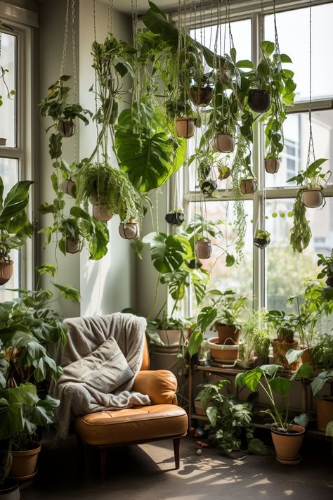 Methods for Ceiling-Hung Gardens: Plant Installation Ideas - Quiet Minimal House Plant Display Ideas Living Room, Skylight Plant Ideas, Room With Hanging Plants, House Plants In Bedroom, Unique Indoor Plants, Plant Nursery Aesthetic, Hanging Plants Indoor Diy, Interiors With Plants, Hanging Plants From Ceiling