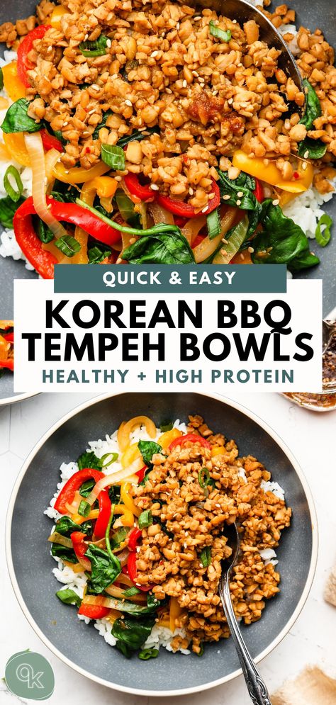 Vegan Tempeh Dinner, Tempeh Curry Recipes, Tempeh Rice Bowl, Korean Bbq Rice Bowl, Tempeh Recipes Dinner, Tempeh Meals, Cooking Tempeh, Quick Easy Healthy Lunch, Vegan Korean Bbq