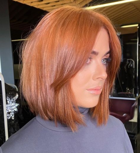 Bright Blunt Bob with Long Side Bangs Red Hair Bob Cut, Bob With Long Side Bangs, Perfect Middle Part, Copper Bob Hair, Red Bob Haircut, Short Copper Hair, Red Bob Hair, Shadow Roots, Bobbed Hairstyles With Fringe