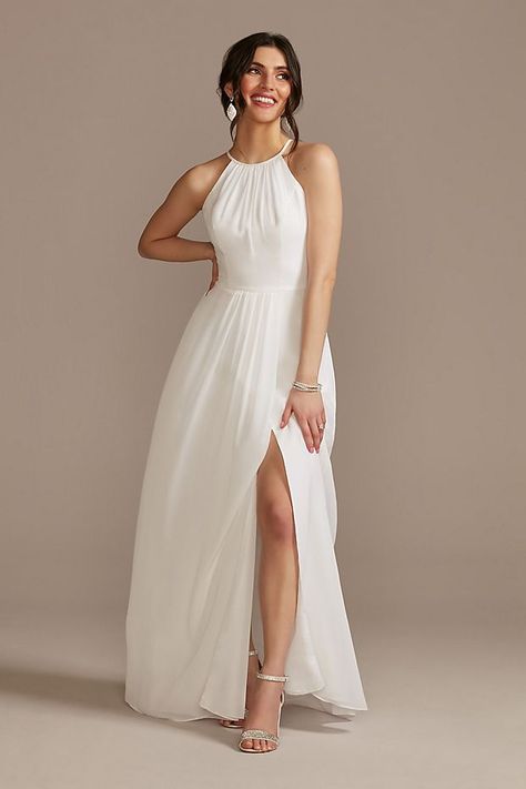 Chiffon A-Line Wedding Dress with Tie Back | David's Bridal Neck Wedding Dress, Davids Bridal Dresses, Long White Dress, A Line Wedding Dress, Different Dresses, Tea Length Dresses, Long Wedding Dresses, Dress With Tie, Tulle Wedding Dress