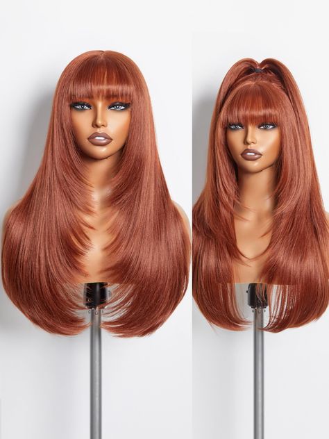 PRICES MAY VARY. 🔥EXPERIENCE STYLE-ARCHIVE: Ingeniously crafted with a blend of Premium Fiber and Remy Human Hair, our straight layered wigs boast a "human-hair-like" touch, paired with the exceptional lasting power of premium fibers. Say goodbye to messy tangles or losing your style throughout the day. Embrace the beauty that stays impeccable from morning to night. 🔥PUT ON & GO: Beginner-friendly. This 22 inch glueless orange ginger brown straight layered wig with bangs requires no expertise Orange And Black Wigs, Synthetic Mix Wig, Shego Hair Wig, Midfle Part Wig, Ginger Human Hair Wig, Styling Long Hair Wigs, Medium Auburn Wig, Innovative Weaves And Wigs, Fall Orange Wig