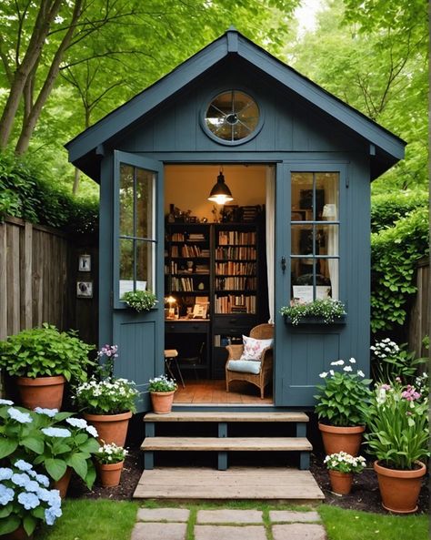 She Shed In The Woods, She Sheds Interior, Writing Shed Backyard Studio, Floral Studio Shed, She Shed Modern, Mini Library Outdoor, School Shed Ideas, Backyard Library Shed, She Shed Colors Exterior