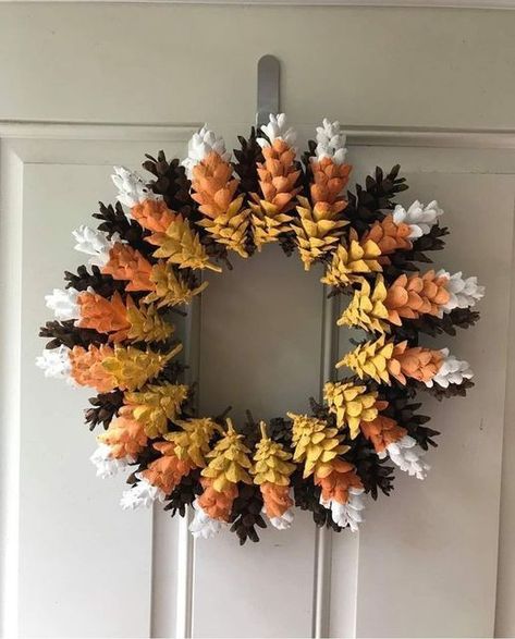 Candy Corn colored Pine Cone Wreath Pine Cone Flower Wreath, Candy Corn Crafts, Candy Corn Wreath, Pinecone Crafts Christmas, Painted Pinecones, Fall Decor Wreaths, Pine Cone Art, Pine Cone Decorations, Cones Crafts