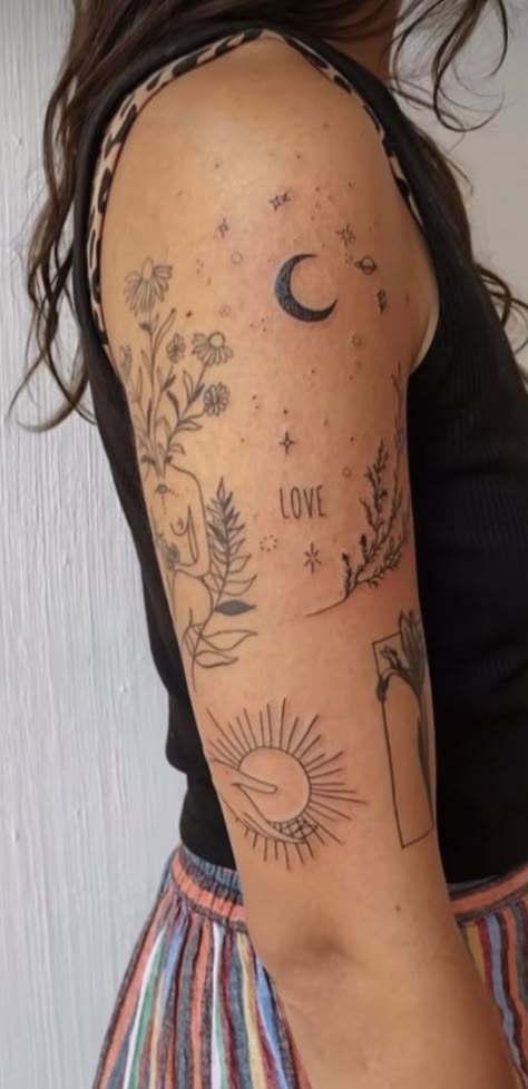 Arm Tattoos For Women Nature, Danty Tattoos Sleeve Ideas, Small Tattoos To Fill In Sleeve, Feminine Sticker Sleeve, Earthy Tattoos Sleeve, Upper Arm Patchwork Tattoos For Women, Na Recovery Tattoos, Say Whatever You Feel Be Wherever You Are Tattoo, Silouttes Tattoo