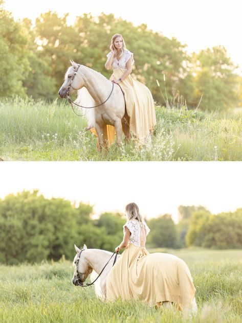 Senior Pictures With Horses Dress, Photoshoot With Horse Dresses, Prom Dress Horse Photoshoot, Flowy Dress Photoshoot With Horse, Horse Senior Pictures Dress, Horse Photoshoot Ideas Dress, Dress Horse Photoshoot, Prom Pictures With Horses, Long Flowy Dress Photoshoot