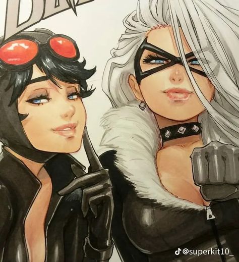 Black Cat And Catwoman, Omar Dogan, Black Cat Comics, Catwoman Comic, Comic Book Girl, Black Cat Marvel, Dc Icons, Cat Comics, Comics Girl