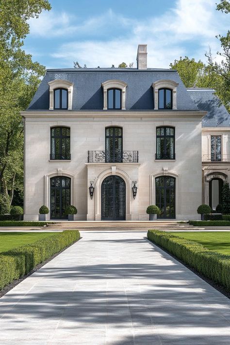 Modern French chateau. Check out all of these lavish luxurious European houses that are real masterpieces. Small French Chateau House Plans, Small Chateau House Plans, Single Story French Country Exterior, French Luxury House, French House Architecture, French Chateau Plans, French Architecture Exterior, Limestone And Brick House Exterior, French Inspired Home Exterior