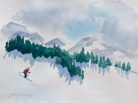 Skiing Art, Ski Art, Winter Watercolor, Watercolour Inspiration, Winter Painting, Watercolor Mountains, Acrylic Painting For Beginners, Mountain Paintings, Winter Art