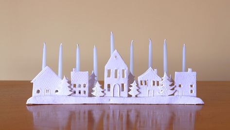 How to Make a Winter Village Candle Holder – Polymer Clay Menorah Tutorial – WhatTheCraft Polymer Clay Village, Diy Clay House Candle Holders, Clay Christmas Village Diy, Air Dry Clay Menorah, Clay Menorah, Polymer Clay Candle Holder, Ceramic Menorah, Polymer Clay Candle, Advent Candle Holder