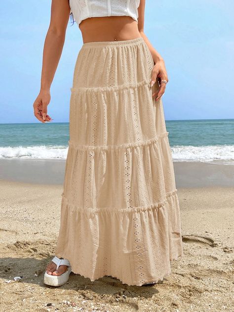 Woven Women Beach Vacation Multi-Layer Ruffled Hem Long Skirt Apricot Boho   Knitted Fabric Plain Layered/Tiered Slight Stretch  Women Clothing, size features are:Bust: ,Length: ,Sleeve Length: Long Beach Skirt, Long Skirts For Women, Beach Skirt, Women Skirts, Women Beach, Fashion Gallery, Woman Beach, Kids Beachwear, Long Beach