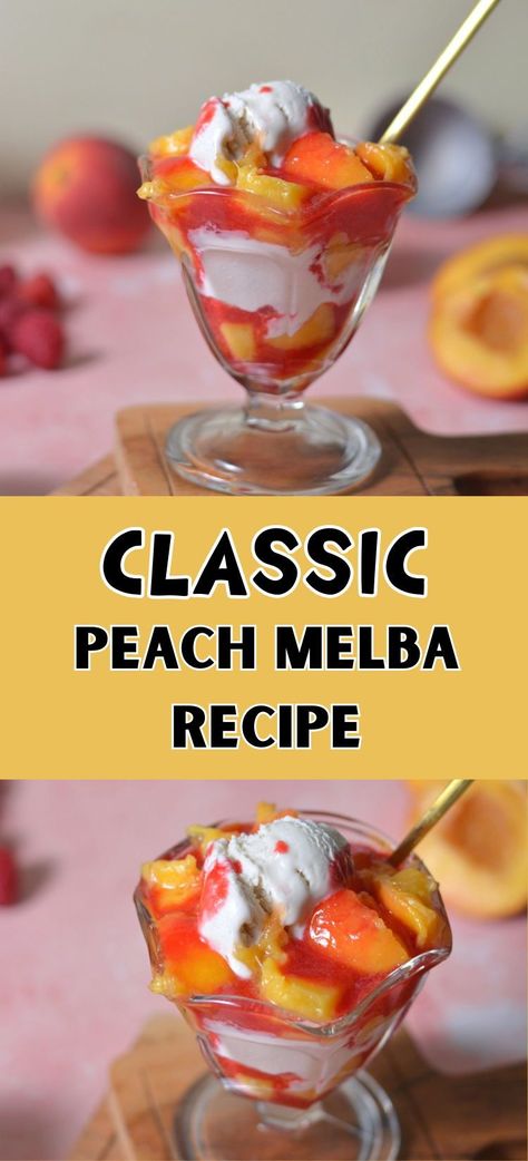 Indulge in the timeless elegance of our Classic Peach Melba Recipe. This exquisite dessert combines succulent peaches, velvety vanilla ice cream, and a luscious raspberry sauce for a symphony of flavors and textures. Drizzle with toasted almonds for a delightful crunch and garnish with fresh raspberries for a burst of color. Elegant, refreshing, and utterly delicious, our Peach Melba is a perfect finale to any meal. Treat yourself to a taste of culinary nostalgia with this iconic dessert! Peach Flambe Dessert, Frozen Fresh Peaches Recipes, Peach Melba Ice Cream, Peach Sauce For Ice Cream, Peach And Raspberry Recipes, Melba Sauce Recipe, Melba Sauce, Peach Melba Dessert, Peaches And Ice Cream