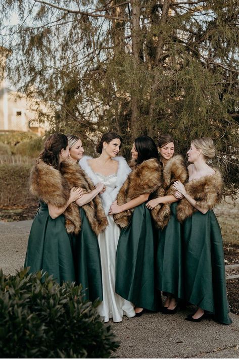 fur shawls <3     Cozy Winter Wedding with Emerald Greens & Pinecones || Eastern Shore, Maryland || Victoria Selman Photographer Winter Wedding Fur, Winter Wedding Bridesmaids, Emerald Green Bridesmaid Dresses, Winter Bridesmaids, Winter Bridesmaid Dresses, Wedding Fur, Viking Wedding, Emerald Green Weddings, Verde Smeraldo