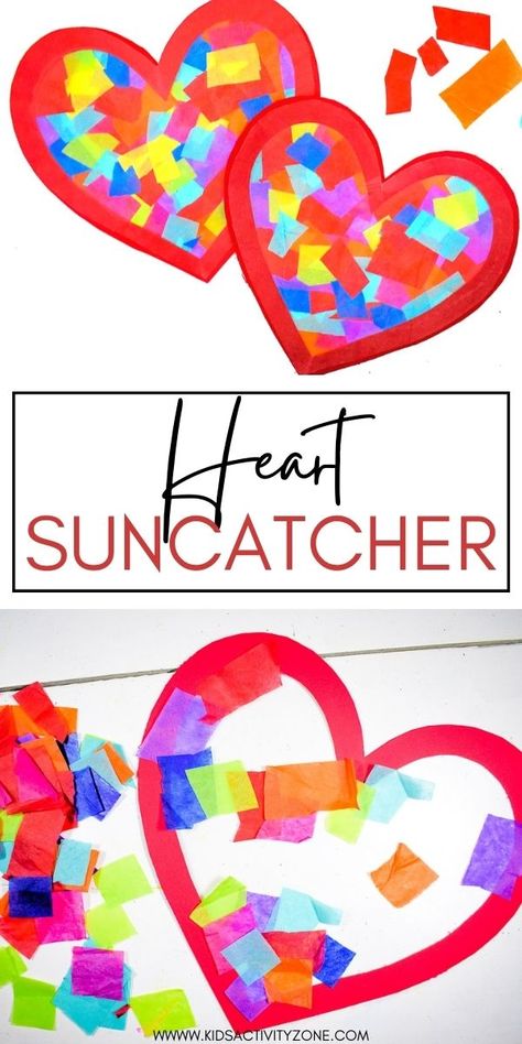 It doesn't get easier that this Heart Suncatcher Craft! It's perfect for decorating your windows for Valentine's Day! Simply cut out a heart outline and apply contact paper to one side, then stick squares of tissue paper to the contact paper and finish it with another piece of contact paper on the back. A no mess easy craft idea! Contact Paper Crafts, Valentine Paper Crafts, Tissue Paper Craft, Heart Suncatcher, Tissue Paper Crafts, February Crafts, Window Crafts, Suncatcher Craft, Preschool Valentines