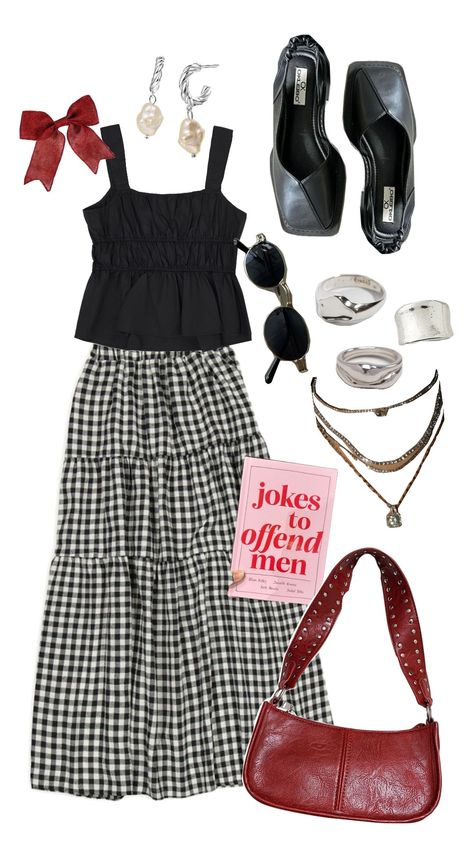 #spring #springoutfitinspo #springoutfit #outfit #fall #falloutfit #coquette #coquetteoutfit #pilatesprincess #red #gingham #longskirt #skirt #silver Red Gingham Skirt Outfit, Red Gingham Outfit, Gingham Skirt Outfit, Tiered Skirt Outfit, Red Gingham Skirt, Gingham Outfit, Gingham Skirt, Red Gingham, Outfit Fall