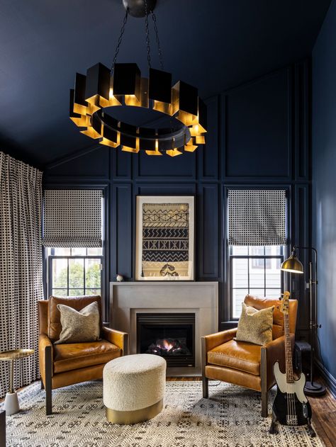 Northville Renovation : Leighanne LaMarre Interiors Navy Blue Rooms, Navy Blue Living Room, Dark Blue Walls, Blue Lounge, Navy Walls, Blue Ceilings, Navy Blue Walls, Living Room Renovation, Leather Chairs