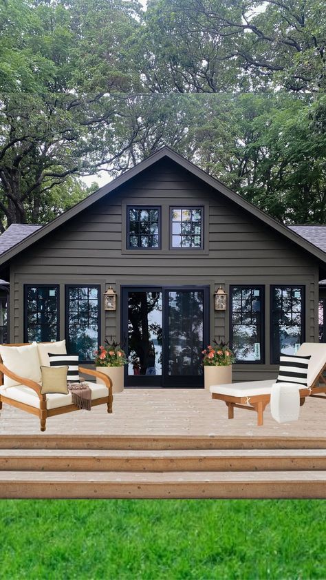 CABIN REVEAL 🎉 The cabin is painted and we are in love, the perfect muddy green color to blend right in with nature 🌲 BUT…the real star of… | Instagram Dark Cabin Exterior Colors, Black Stained Cedar Siding, Lake Cabin Landscaping Ideas, Cabin Exterior Design Ideas, Exterior Cabin Color Schemes, Green Cottage House, Painted Log Cabin Exterior, Camp Exterior, Mountain Cabin Exterior