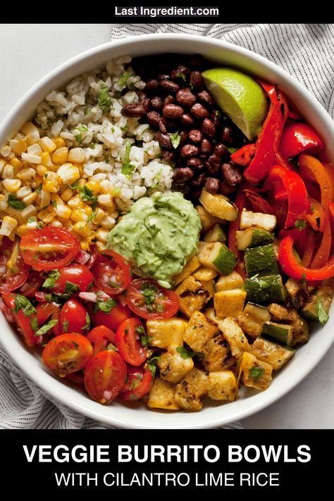 Vegetarian Burrito Bowls Vegetarian Burrito Bowl, Vegetarian Burrito, Hummus Sandwich, Vegetarian Grilling, Burrito Bowls Recipe, Cilantro Rice, Veggie Burrito, Avocado Crema, Skip It