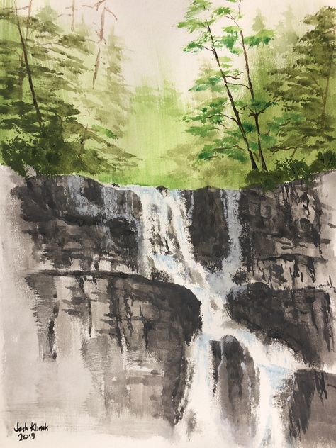 Waterfall Reference, Watercolour Waterfall, Cliff Watercolor, Waterfall Sketch, Waterfall Watercolor, Watercolor Waterfall, Waterfall Drawing, Mountain Sketch, Waterfall Painting