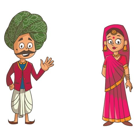 Rajasthani Couple Illustration, Rajasthan Traditional Dress, Indian Cartoon Characters, Rajasthani Couple, Cartoon Props, Dress Drawing Easy, Rajasthan Art, Phad Painting, 2d Character Animation