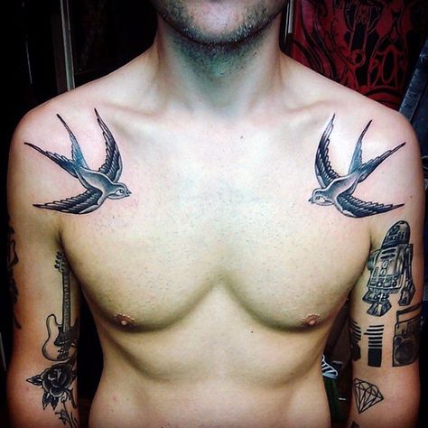 Sparrow Tattoos for Men - Ideas and Inspiration for Guys Mens Swallow Tattoo, Sparrow Bird Tattoo, Golondrinas Tattoo, Sparrow Tattoos, Traditional Swallow Tattoo, Swallow Tattoos, Sparrow Tattoo Design, Swallow Tattoo Design, Small Chest Tattoos