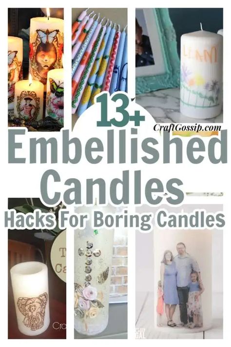 13 Ways to Embellish Boring Candles – Craft Gossip Tissue Paper Candles, Bohemian Candle, Candle Hack, Candle Making Tutorial, Candle Embellishments, Dried Flower Candles, Candle Painting, Candle Tutorial, Candle Projects