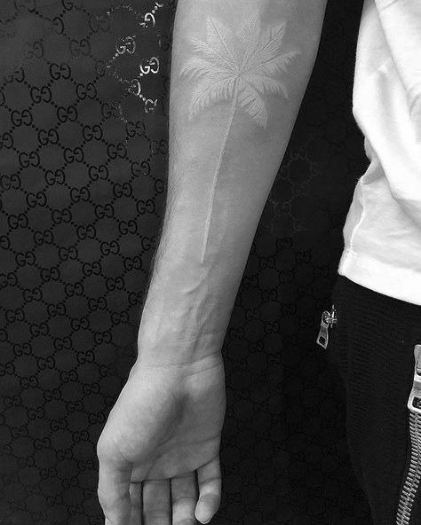 White ink palm tree tattoo on the right inner forearm. Traditional Viking Tattoos, Tattoo Forearm, White Ink Tattoo, Men Tattoos, Palm Tree Tattoo, Lily Tattoo, Viking Tattoo Design, Viking Tattoos, White Tattoo