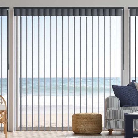 Large Picture Window Treatments, Large Sliding Door Window Treatments, Window Blinds Ideas Living Room, Window Treatments For Sliding Doors, Woven Wood Window Treatments, Large Window Coverings, Modern Vertical Blinds, Large Window Treatments, Wood Window Treatments