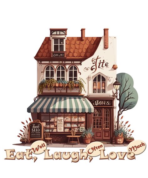 Experience the cozy charm of your favorite cafes and restaurants with our unique illustration. Featuring a playful and iconic illustration of various food and dessert establishments, this design is sure to make you feel warm and fuzzy inside. Perfect for foodies, travelers, or anyone who appreciates the little moments that make life special. So why not treat yourself or someone special to this wearable work of art and take a little piece of cafe culture with you wherever you go? Cute Cafe Drawing Inside, Cafe Aesthetic Digital Art, Cafe Exterior Design Drawing, Cafe And Apartment Exterior, Fantasy Shop Exterior, Cafe With Apartment Above, Cafe Shop Illustration, Cozy Cafe Exterior, Cafe Shop Drawing