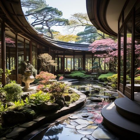 Japanese Greenhouse, Garden With Stepping Stones, Japanese Courtyard Garden, Japanese Courtyard, Greenhouse Garden, Modern Japanese, Greenhouse Gardening, Container Home, Koi Pond