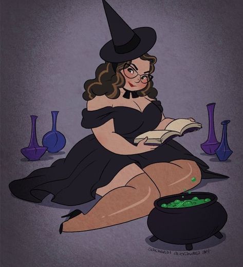 Curvy Witch Drawing, Plus Size Witch Art, Plus Size Pinup Art, Plus Sized Art, Modern Witch Art, Plus Size Artwork, Plus Size Character Design, Plus Size Drawing, Plus Size Witch