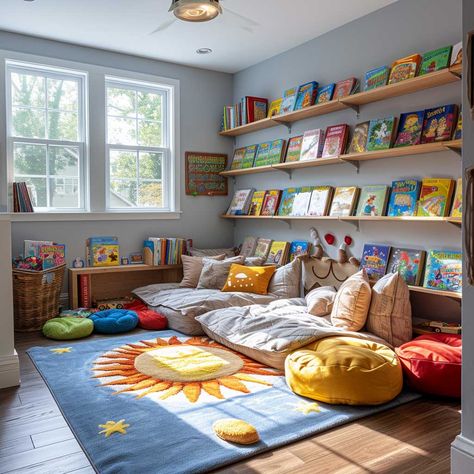 Kids Playroom Decor Ideas, Kindergarden Decoration Room, Boy Decor Bedroom Ideas, Kids Room Colorful, Educational Playroom Ideas, Kids Library Room Ideas, Christmas Decor Ideas Kids, Kids Play Area In Living Room, Kids Home Library