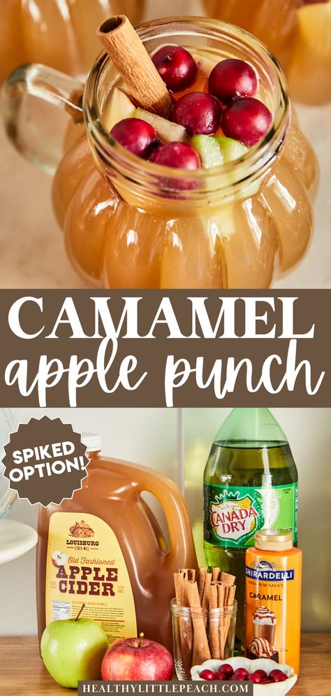 Ingredient photo for the caramel apple punch along with a glass of punch garnished with a cinnamon stick Carmel Apple Punch Non Alcoholic, Caramel Apple Punch Non Alcoholic, Fall Punch Recipes Non Alcoholic, Caramel Apple Punch, Spiked Punch Recipes, Disney Meals, Fall Punch Recipes, Healthy Little Peach, Apple Punch