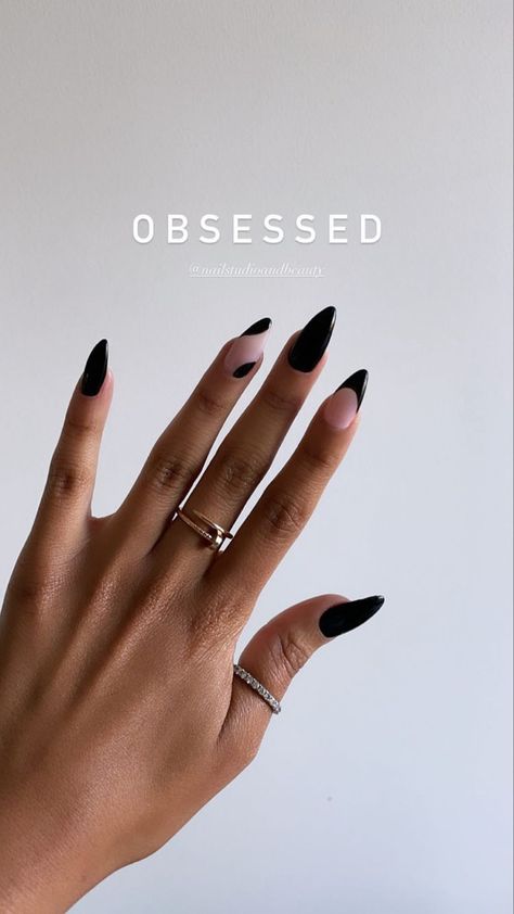 Black Feminine Nails, Elegant Nails With Black, Delicate Black Nails, Black Nail Almond Designs, Black White Nails Designs Classy, Black Gel X Nails Almond, Coffin Shaped Black Nails, Black Nails Minimalist, Black Nailart Nails