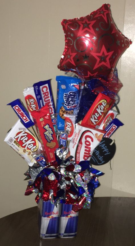 Happy Birthday Snack Bouquet, Kit Kat, Red Bull, Happy Birthday, Snacks, Birthday, Red