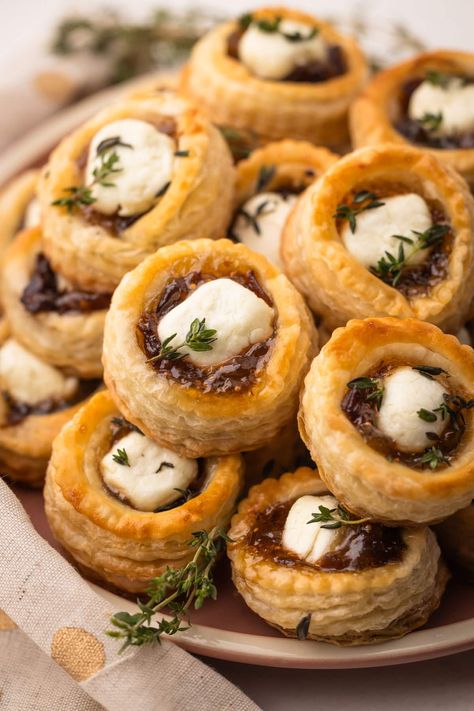 Puff Pastry Onion Appetizer, Fig And Goat Cheese Phyllo Cups, Upside Down Savory Tarts, Thanksgiving Pastry Appetizers, Goat Cheese Phyllo Cups, Savory Pastry Appetizers, Goat Cheese Pinwheels Appetizers, Puff Pastry Fig Goat Cheese, Cheese Canapes Ideas