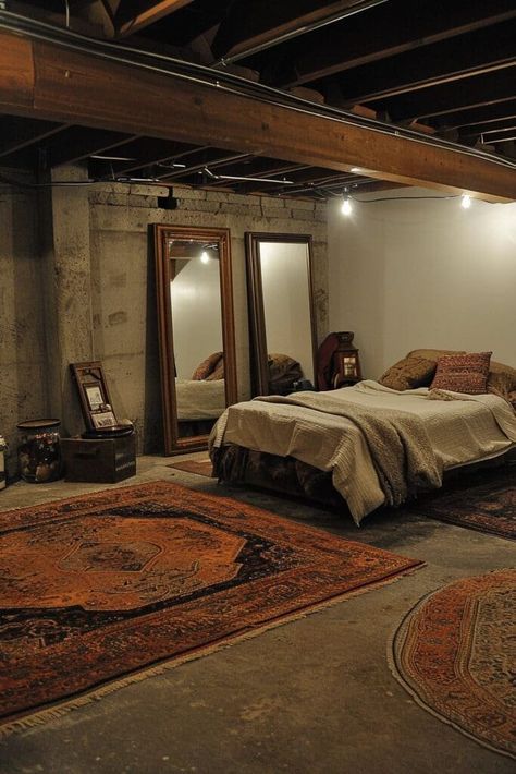 Convert Basement To Bedroom, Unfinished Bedroom Ideas, Exposed Ceiling Basement Ideas, Unfinished To Finished Basement, Turning A Basement Into A Bedroom, How To Make An Unfinished Basement Livable, Moody Basement Bedroom, Rental Basement Makeover, Unfinished Basement Living Room