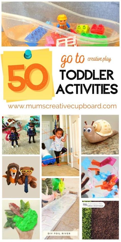 50 of the very best go to toddler activities - including toddler learning activities for 2 year olds and 3 year old activities at home - fine motor activities for toddlers and lots of easy toddler sensory activities inc sensory bins ideas for toddlers and lots of toddler painting ideas to try. There are so many simple creative play for toddlers ideas - there's something for everyone! #toddleractivities #sensoryplay #toddlerpainting #learningthroughplay Sensory Play For Preschoolers, Free Toddler Activities, Mess Free Toddler Activities, Growth Activities, Play For Preschoolers, Keep Toddlers Busy, Activities For One Year Olds, Activities To Do At Home, Sensory Play Toddlers